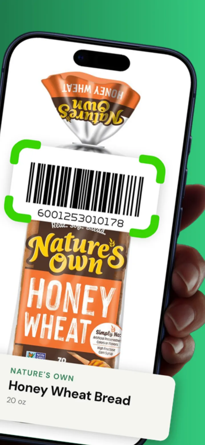 Sage scanning the barcode on a loaf of Nature's Own honey wheat bread